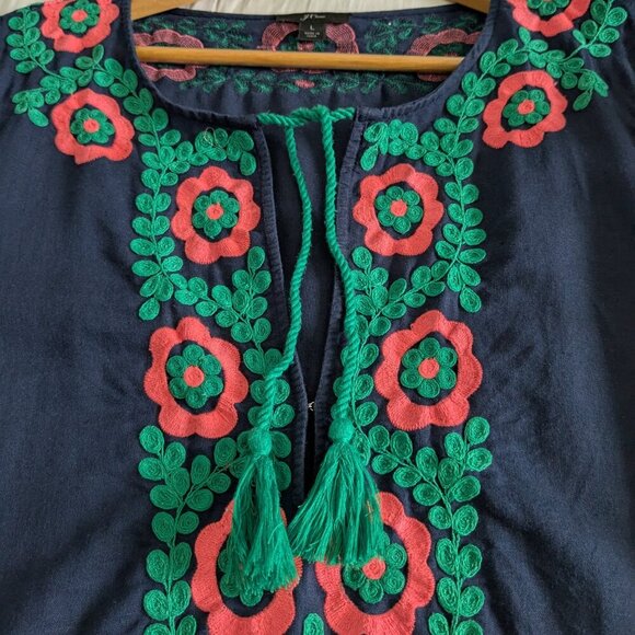 J. Crew Dress Large Blue Embroidered Beach Tunic Cover-up Tassels Linen-Blend - Picture 13 of 16